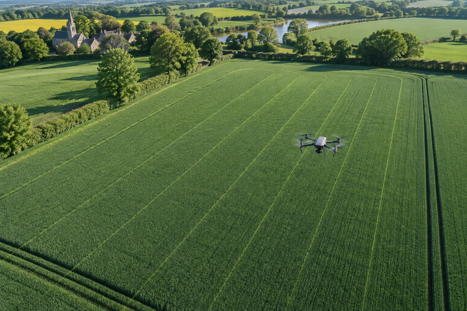 Aerial view of agricultural fields being surveyed by a drone