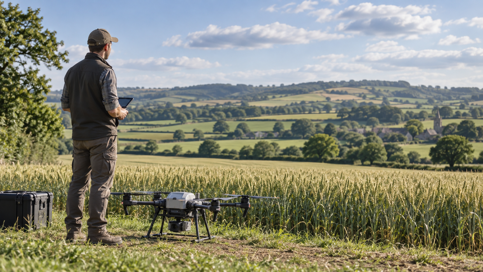 Field technician beside a professional agricultural drone in a wheat field